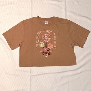 Cropped t-shirt New. Never washed or worn. Soft! “Spread love flower child.” 70s